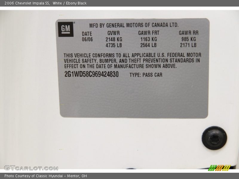 White / Ebony Black 2006 Chevrolet Impala SS