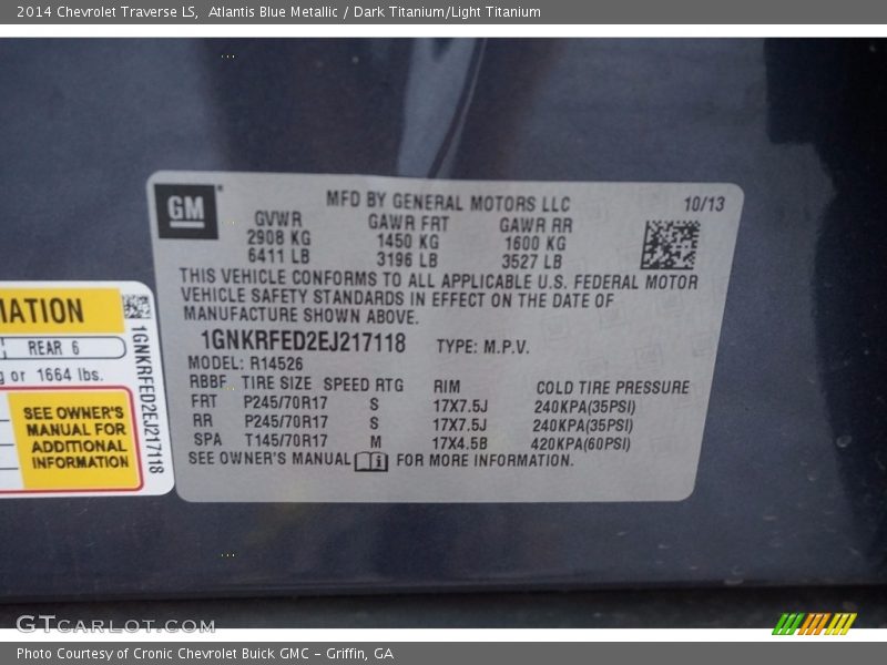 Atlantis Blue Metallic / Dark Titanium/Light Titanium 2014 Chevrolet Traverse LS