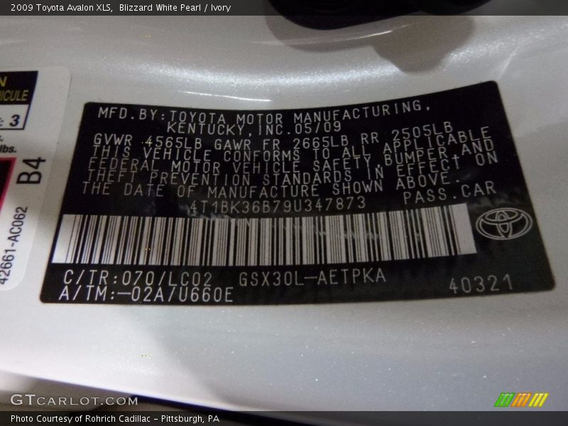 Blizzard White Pearl / Ivory 2009 Toyota Avalon XLS