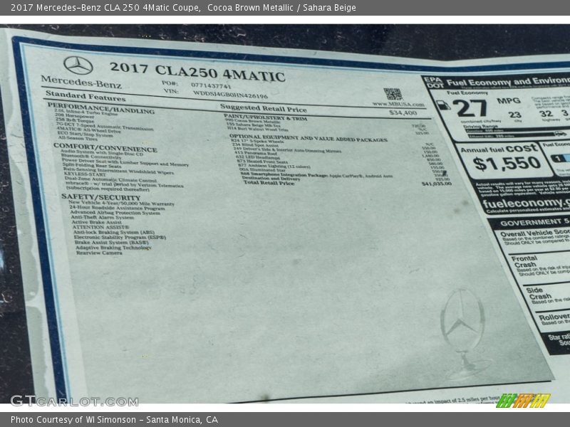  2017 CLA 250 4Matic Coupe Window Sticker