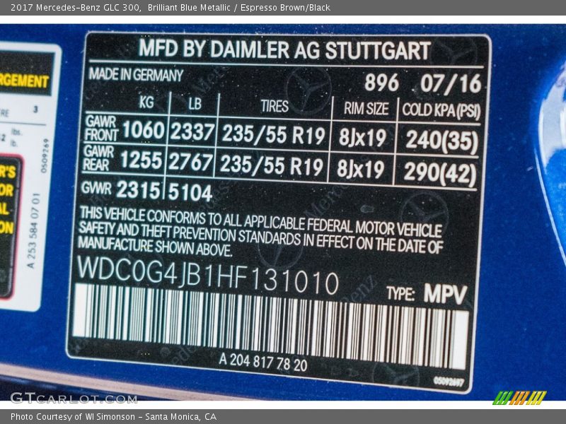 Brilliant Blue Metallic / Espresso Brown/Black 2017 Mercedes-Benz GLC 300