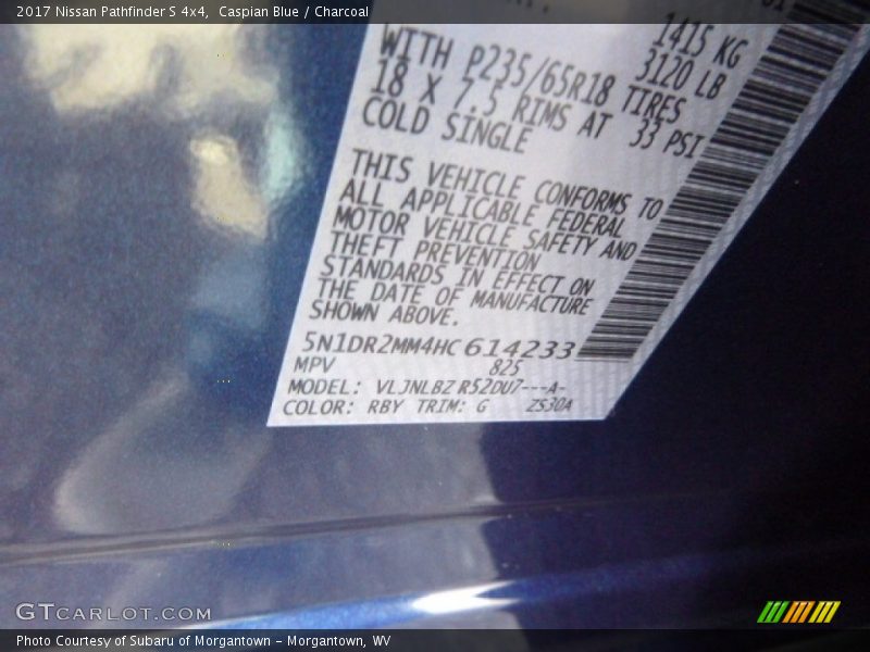 2017 Pathfinder S 4x4 Caspian Blue Color Code RBY