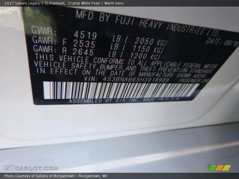 Crystal White Pearl / Warm Ivory 2017 Subaru Legacy 2.5i Premium