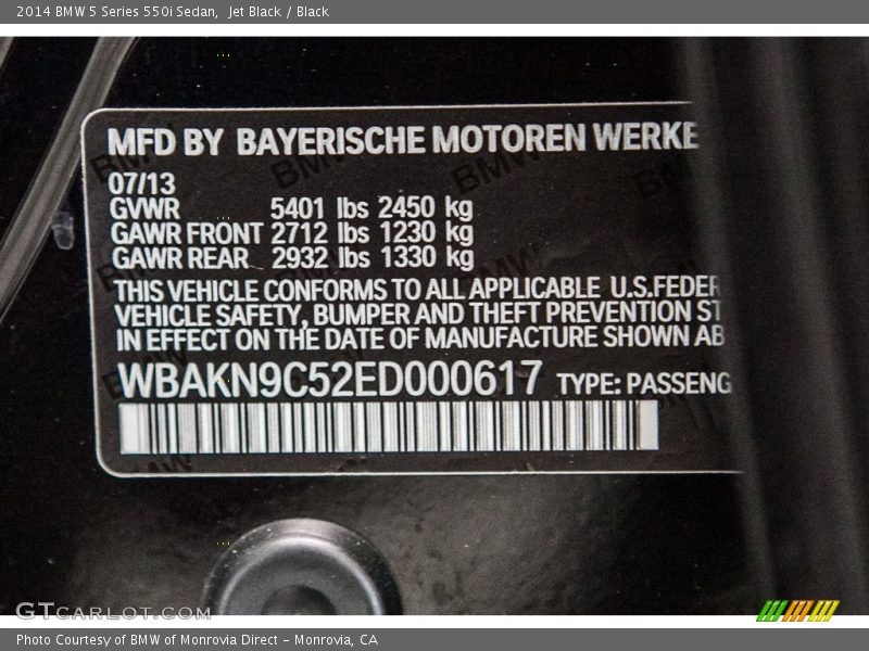 Jet Black / Black 2014 BMW 5 Series 550i Sedan