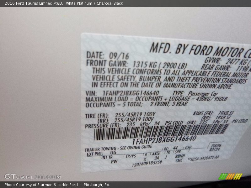 White Platinum / Charcoal Black 2016 Ford Taurus Limited AWD