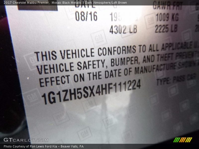 Mosaic Black Metallic / Dark Atmosphere/Loft Brown 2017 Chevrolet Malibu Premier