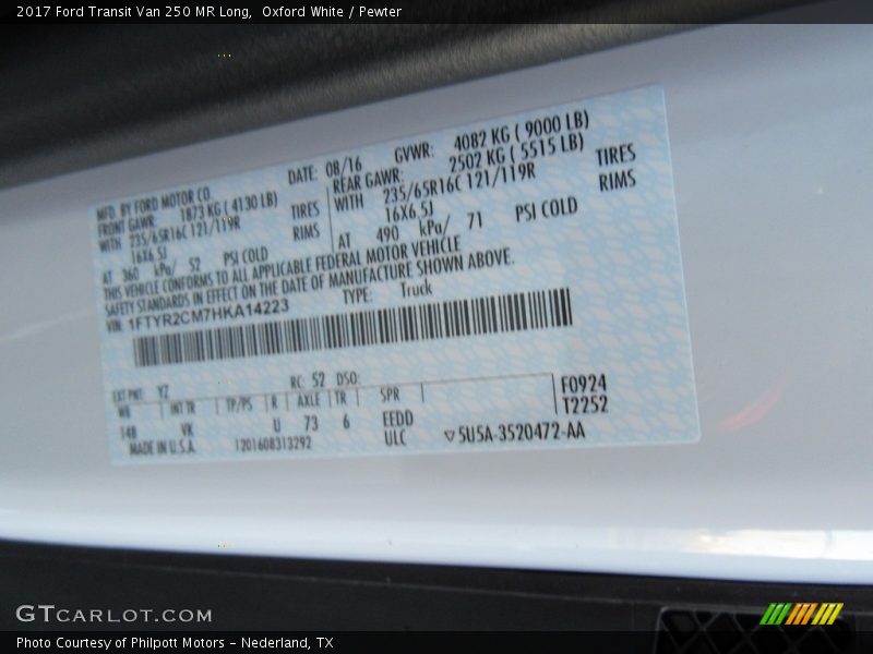 Oxford White / Pewter 2017 Ford Transit Van 250 MR Long