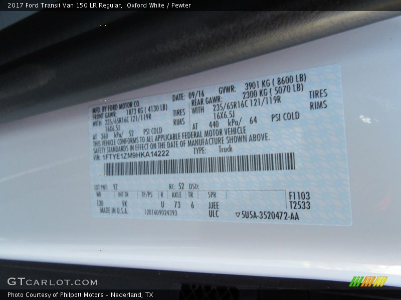 2017 Transit Van 150 LR Regular Oxford White Color Code YZ