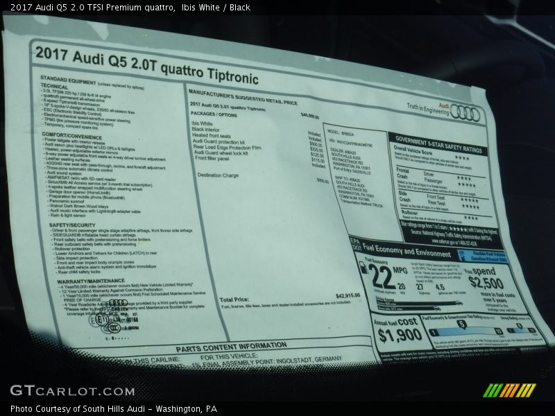  2017 Q5 2.0 TFSI Premium quattro Window Sticker