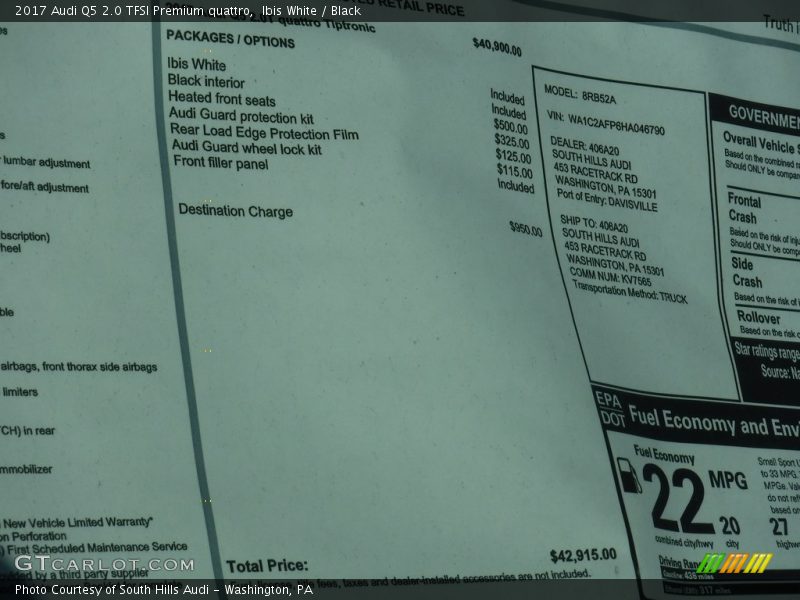  2017 Q5 2.0 TFSI Premium quattro Window Sticker