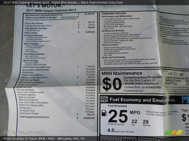  2017 Clubman Cooper ALL4 Window Sticker