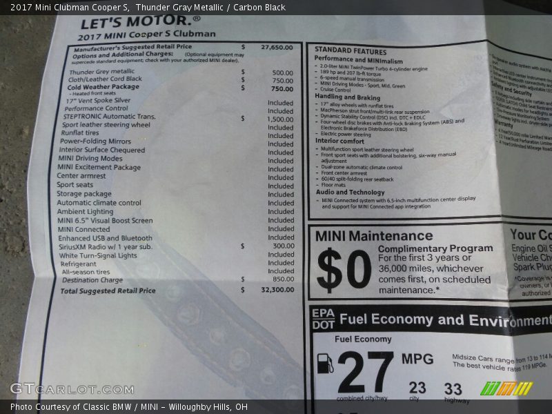 Thunder Gray Metallic / Carbon Black 2017 Mini Clubman Cooper S