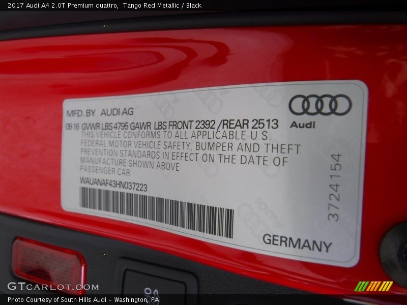 Tango Red Metallic / Black 2017 Audi A4 2.0T Premium quattro