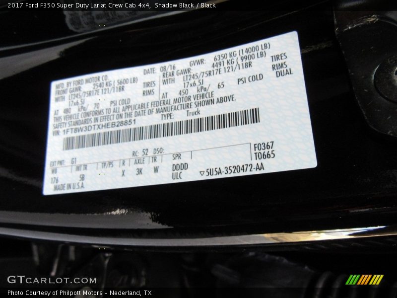 2017 F350 Super Duty Lariat Crew Cab 4x4 Shadow Black Color Code G1