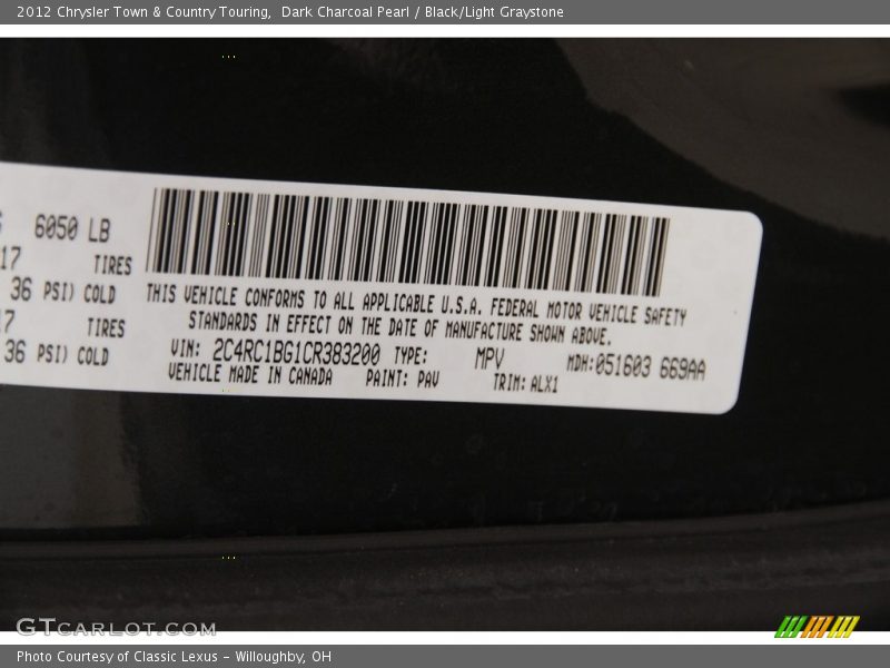 Dark Charcoal Pearl / Black/Light Graystone 2012 Chrysler Town & Country Touring