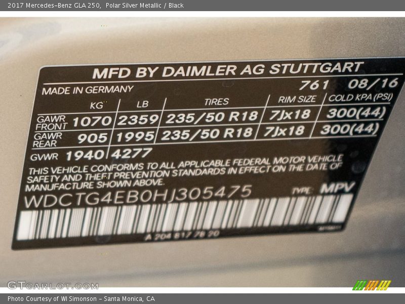 2017 GLA 250 Polar Silver Metallic Color Code 761