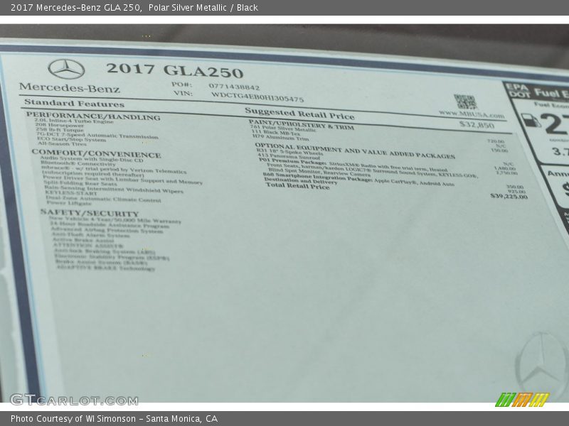  2017 GLA 250 Window Sticker