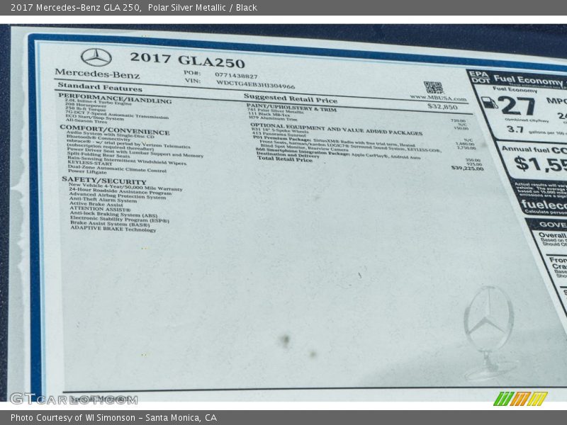  2017 GLA 250 Window Sticker