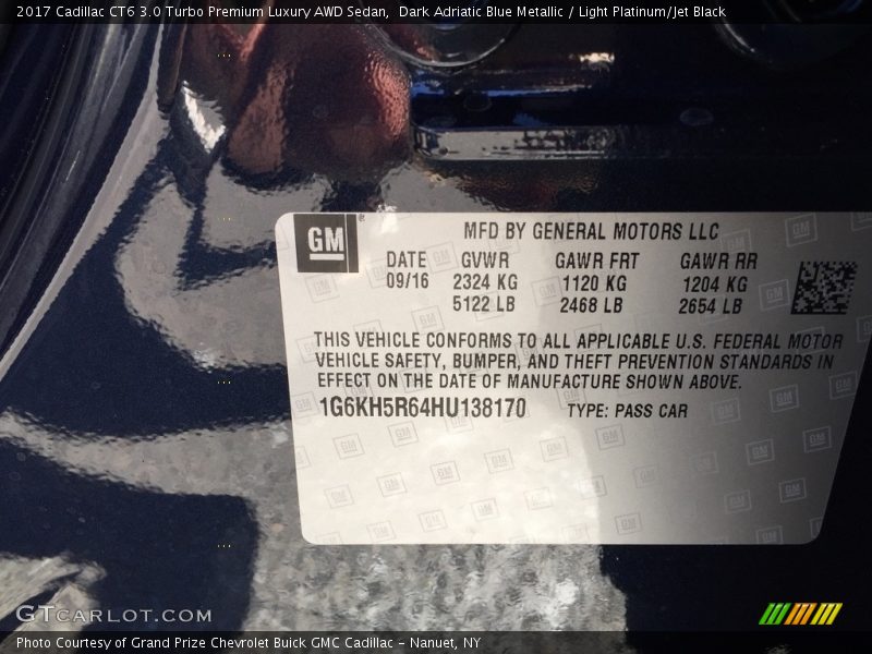 Dark Adriatic Blue Metallic / Light Platinum/Jet Black 2017 Cadillac CT6 3.0 Turbo Premium Luxury AWD Sedan