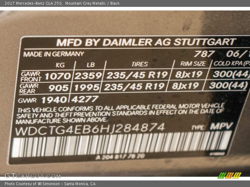 2017 GLA 250 Mountain Grey Metallic Color Code 787