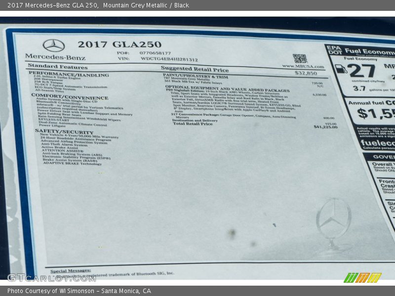  2017 GLA 250 Window Sticker