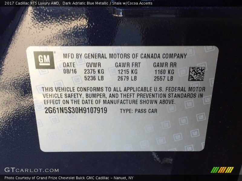 Dark Adriatic Blue Metallic / Shale w/Cocoa Accents 2017 Cadillac XTS Luxury AWD