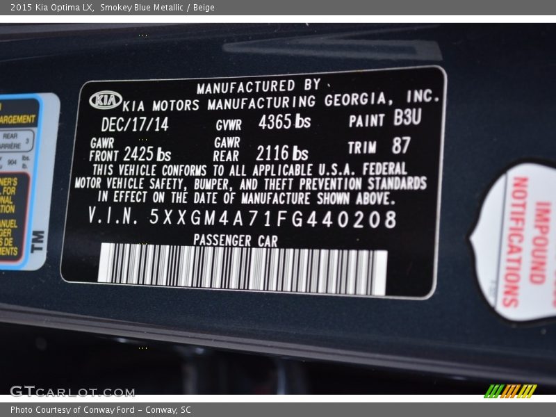 Smokey Blue Metallic / Beige 2015 Kia Optima LX