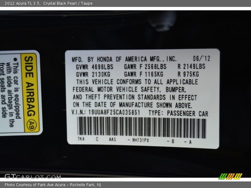 Crystal Black Pearl / Taupe 2012 Acura TL 3.5