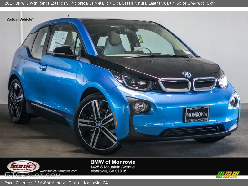 Protonic Blue Metallic / Giga Cassia Natural Leather/Carum Spice Grey Wool Cloth 2017 BMW i3 with Range Extender