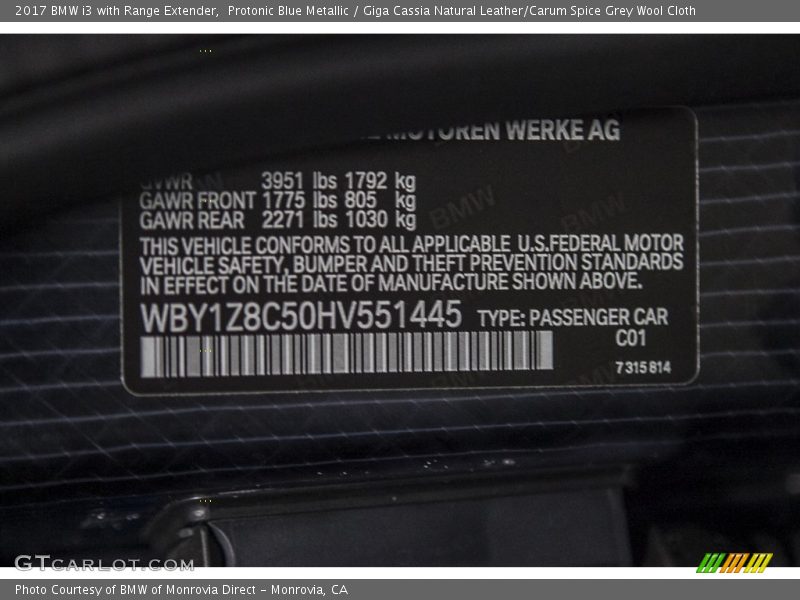 2017 i3 with Range Extender Protonic Blue Metallic Color Code C01