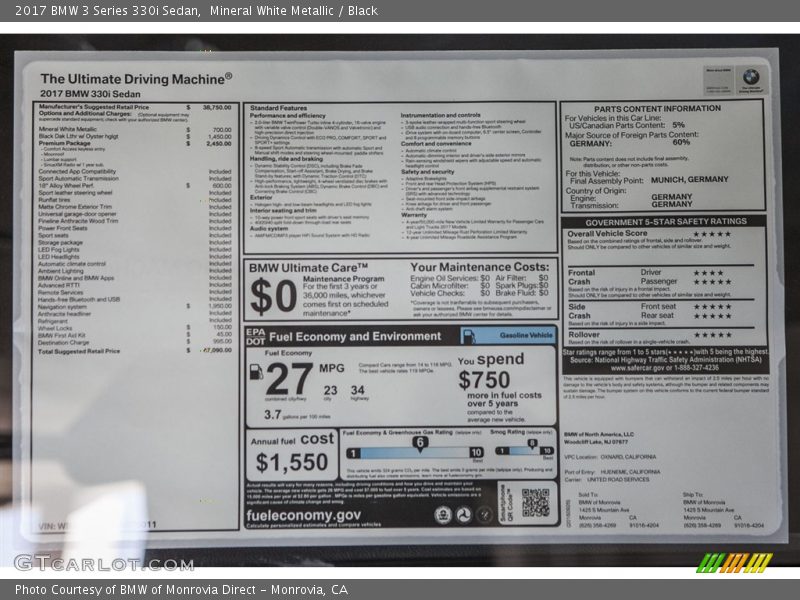  2017 3 Series 330i Sedan Window Sticker