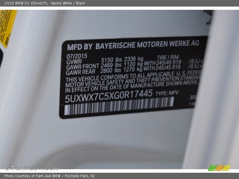Alpine White / Black 2016 BMW X3 xDrive35i