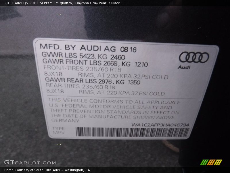 Daytona Gray Pearl / Black 2017 Audi Q5 2.0 TFSI Premium quattro