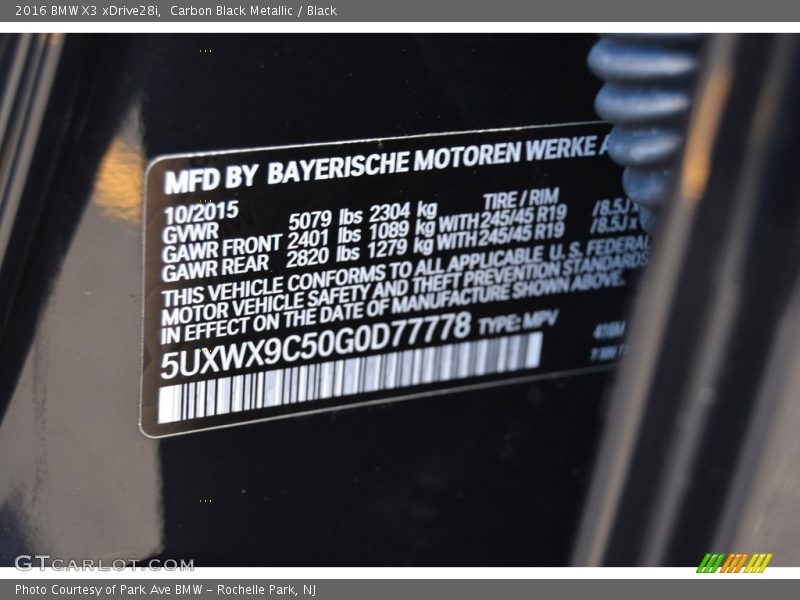 Carbon Black Metallic / Black 2016 BMW X3 xDrive28i