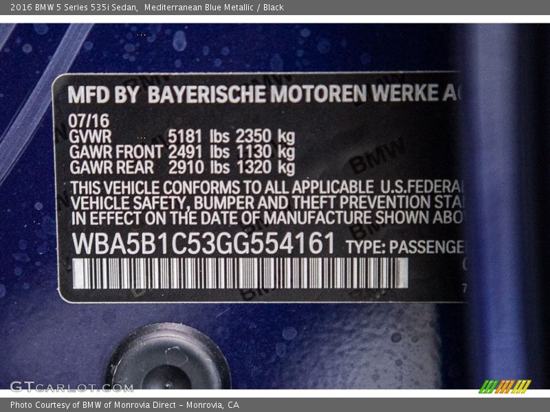 Mediterranean Blue Metallic / Black 2016 BMW 5 Series 535i Sedan