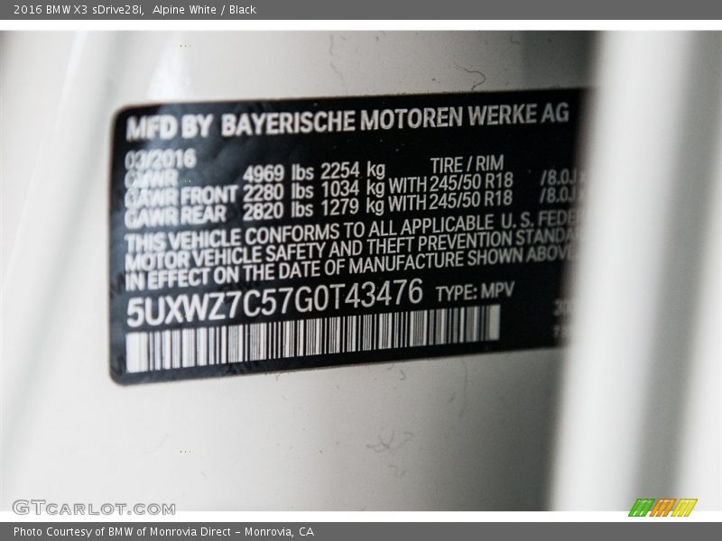 Alpine White / Black 2016 BMW X3 sDrive28i