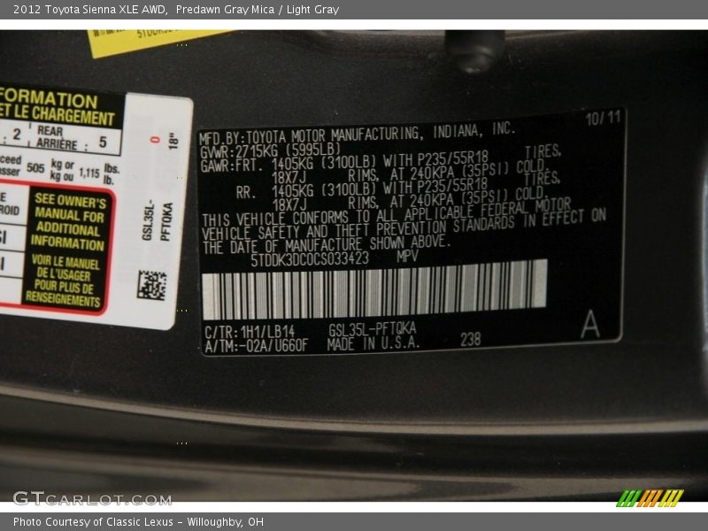 Predawn Gray Mica / Light Gray 2012 Toyota Sienna XLE AWD