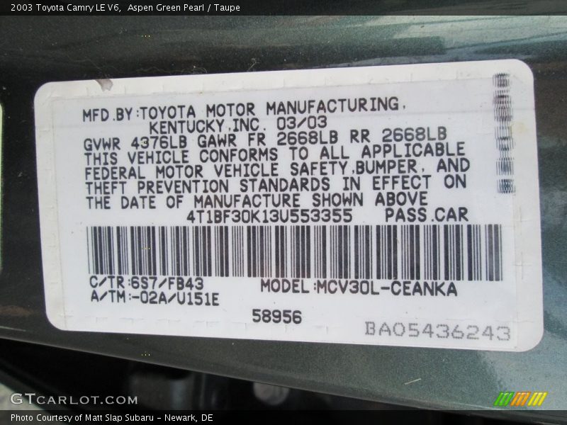 Aspen Green Pearl / Taupe 2003 Toyota Camry LE V6