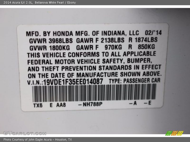 Bellanova White Pearl / Ebony 2014 Acura ILX 2.0L