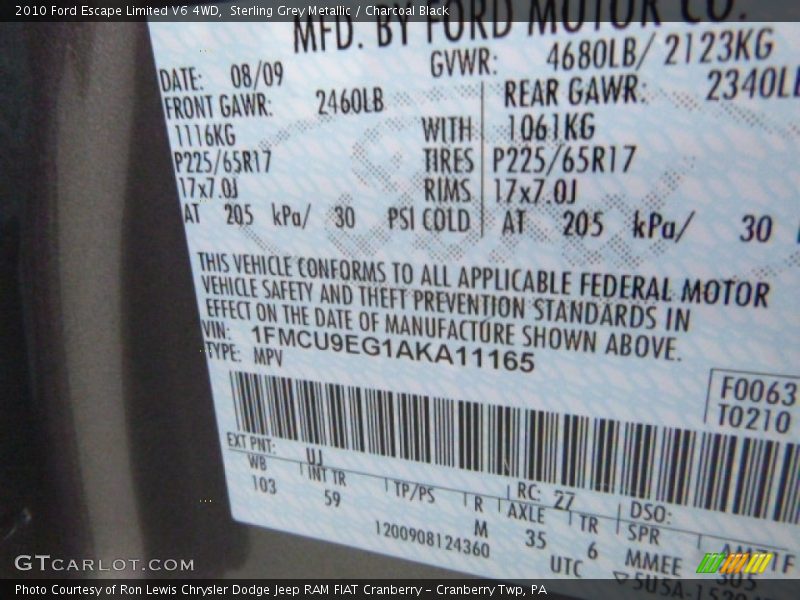 Sterling Grey Metallic / Charcoal Black 2010 Ford Escape Limited V6 4WD