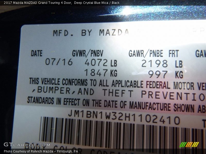 Deep Crystal Blue Mica / Black 2017 Mazda MAZDA3 Grand Touring 4 Door