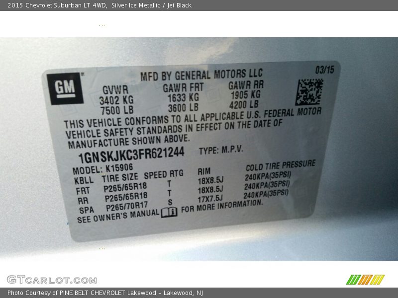 Silver Ice Metallic / Jet Black 2015 Chevrolet Suburban LT 4WD