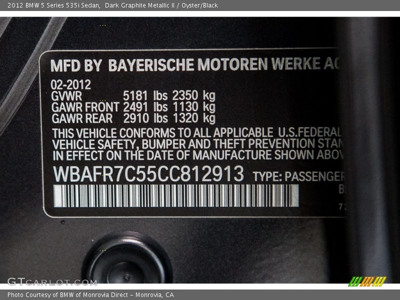 Dark Graphite Metallic II / Oyster/Black 2012 BMW 5 Series 535i Sedan