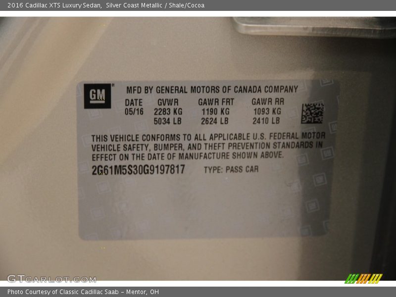 Silver Coast Metallic / Shale/Cocoa 2016 Cadillac XTS Luxury Sedan