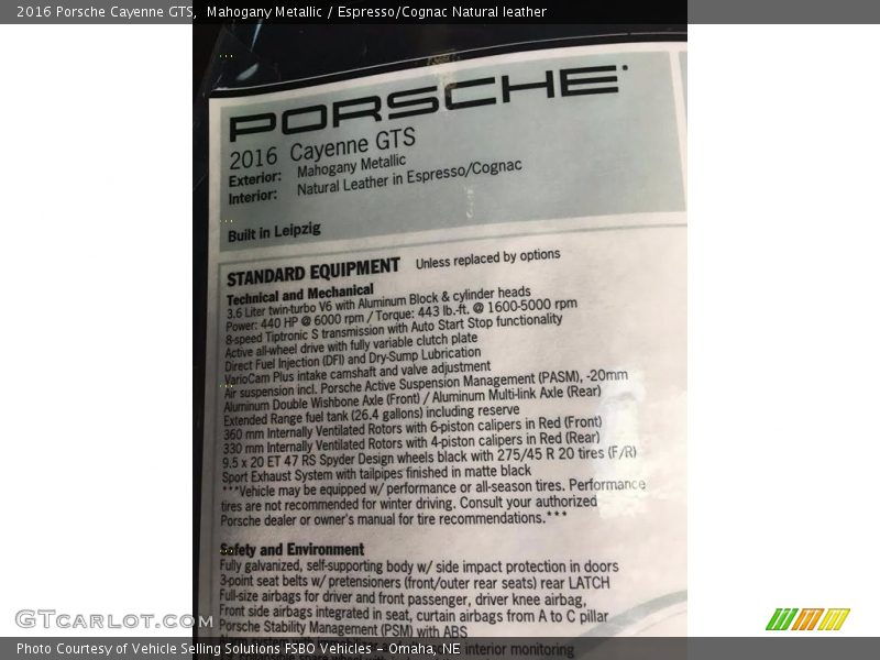  2016 Cayenne GTS Window Sticker