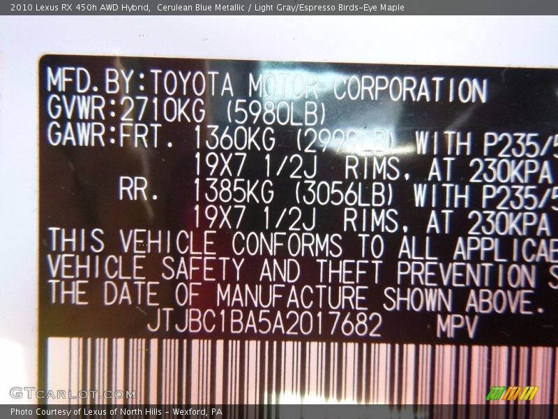 Cerulean Blue Metallic / Light Gray/Espresso Birds-Eye Maple 2010 Lexus RX 450h AWD Hybrid