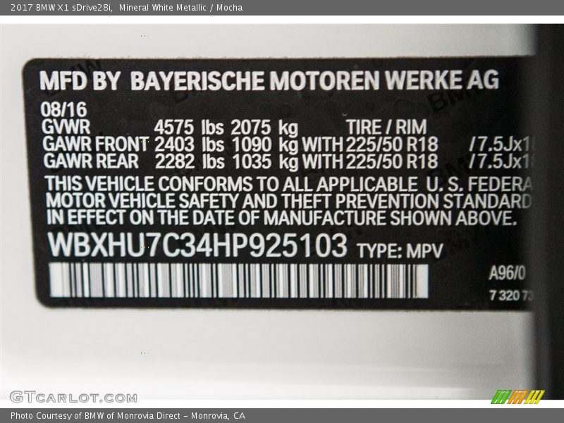 2017 X1 sDrive28i Mineral White Metallic Color Code A96