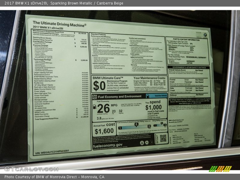  2017 X1 sDrive28i Window Sticker