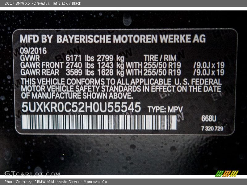 2017 X5 xDrive35i Jet Black Color Code 668