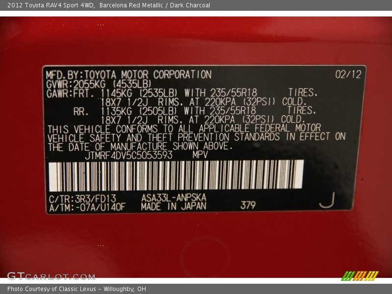 Barcelona Red Metallic / Dark Charcoal 2012 Toyota RAV4 Sport 4WD
